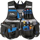 Electrician Tool Vest for Men with Molded Drill Holster &ndash; 1680D Heavy Duty Oxford Work Vest, 16 Pockets Adjustable Reflective Safety Tool Vest, Blue