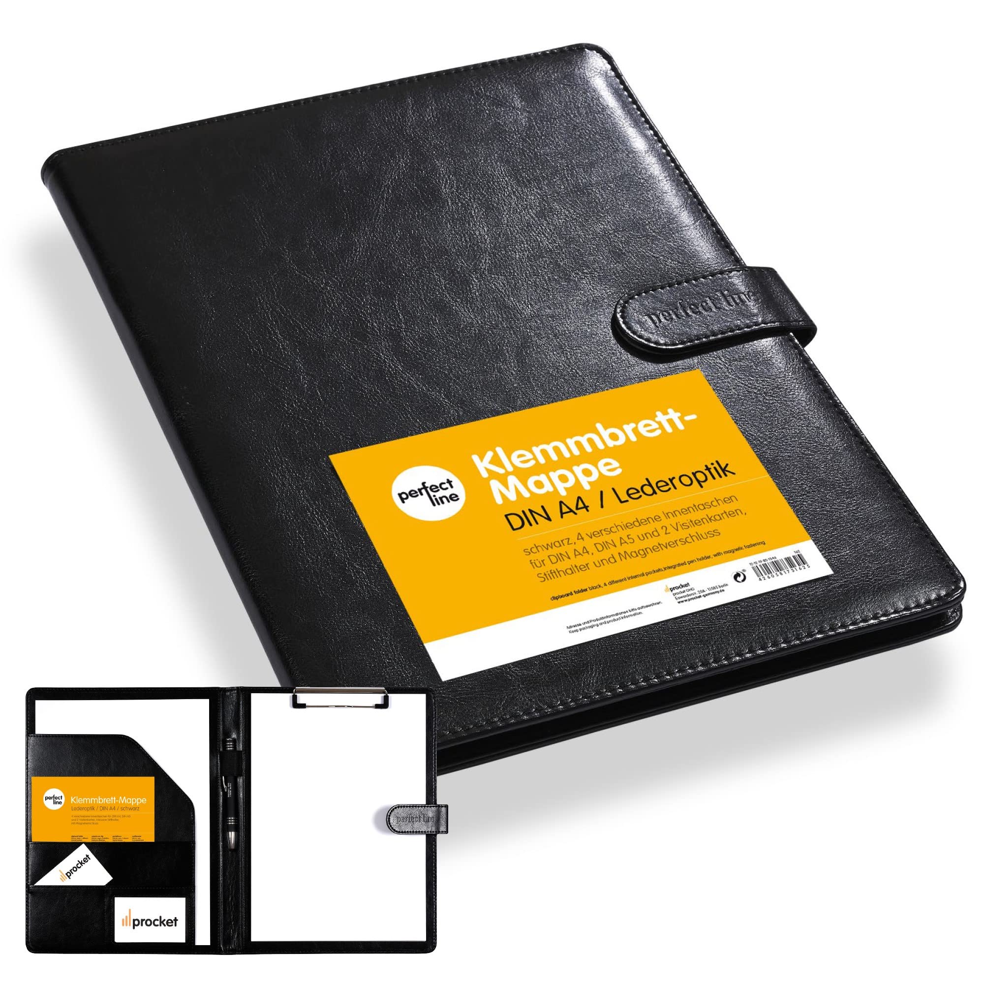 perfect line A4 Clipboard Folder, Black Leather Look, Magnetic Closure, Holds up to 100 sheets, Includes 4 Compartments & Pen Holder
