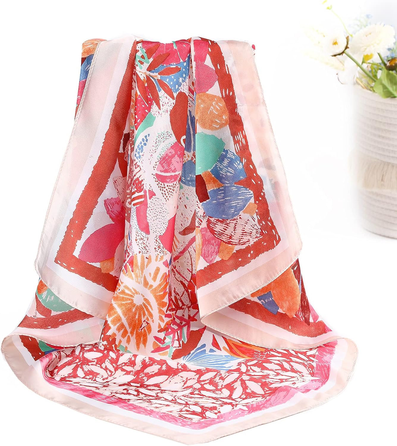 27.5” Silk Satin Square Head Scarf - 4PCS Satin Head Scarves for Women Hair Bandanas Sleeping Head Wraps Neck Scarf Head Kerchief (Flowering Leaves (Beige/Orange/Navy/Red)) at  Women’s Clothing store