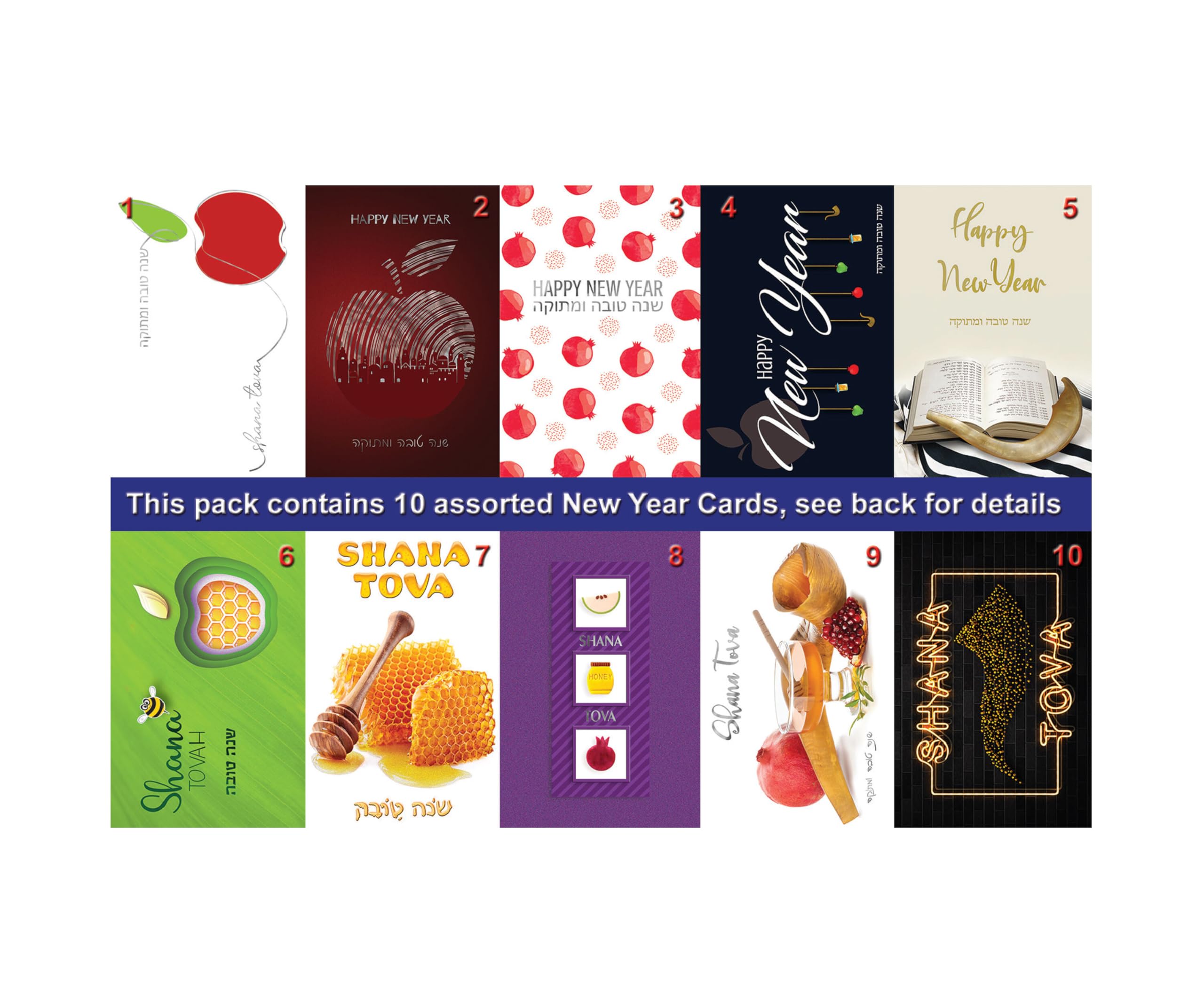Assorted Jewish New Year Greeting Cards with Envelopes, Pack of 10