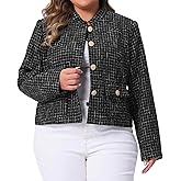 Agnes Orinda Plus Size Tweed Jackets for Women Elegant Stand Collar Button Down Cropped Blazer Jacket Business Casual Outfits