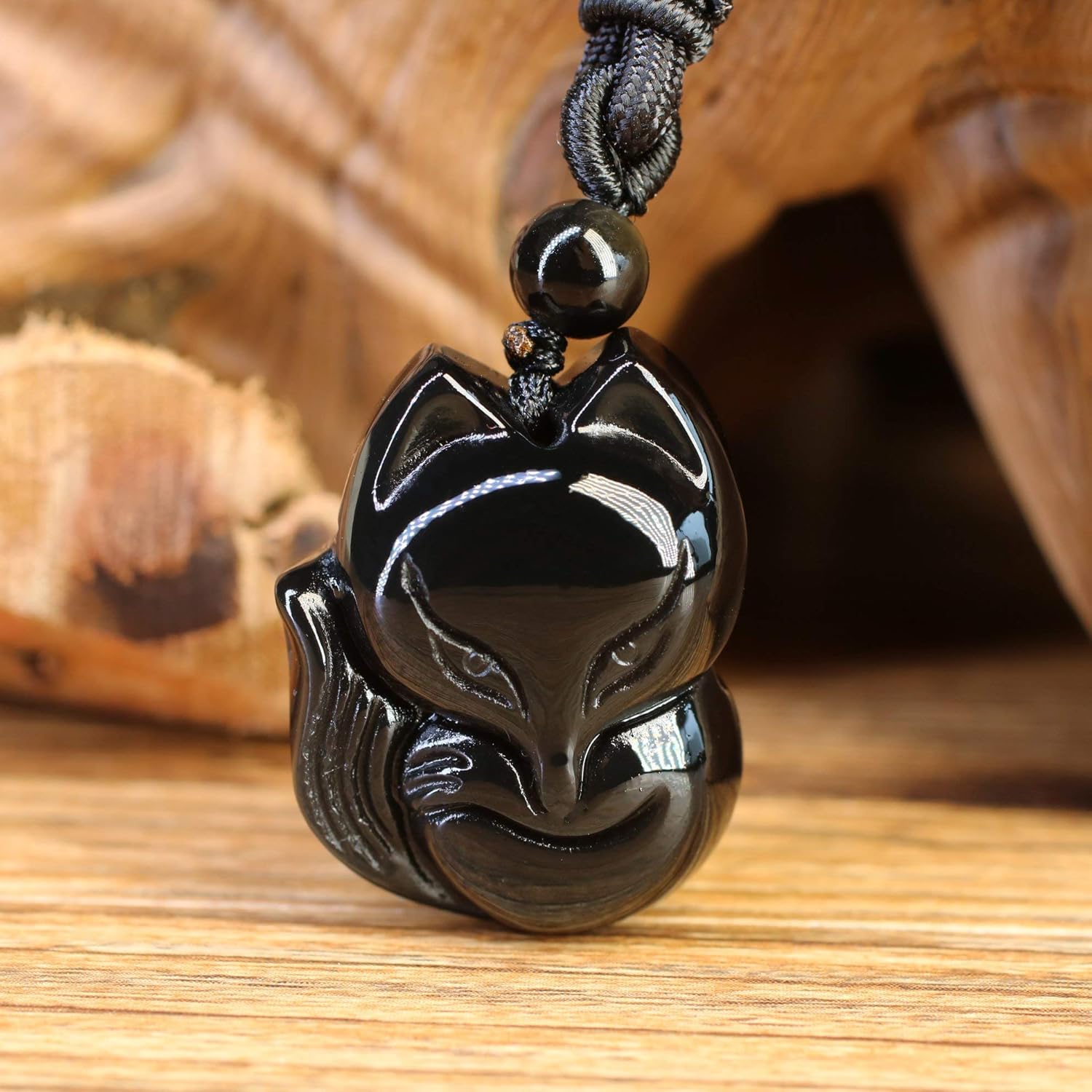 COAI Men’s Women’s Fox Pendant Black Obsidian Stone Necklace, Golden, 66 cm - Image 3