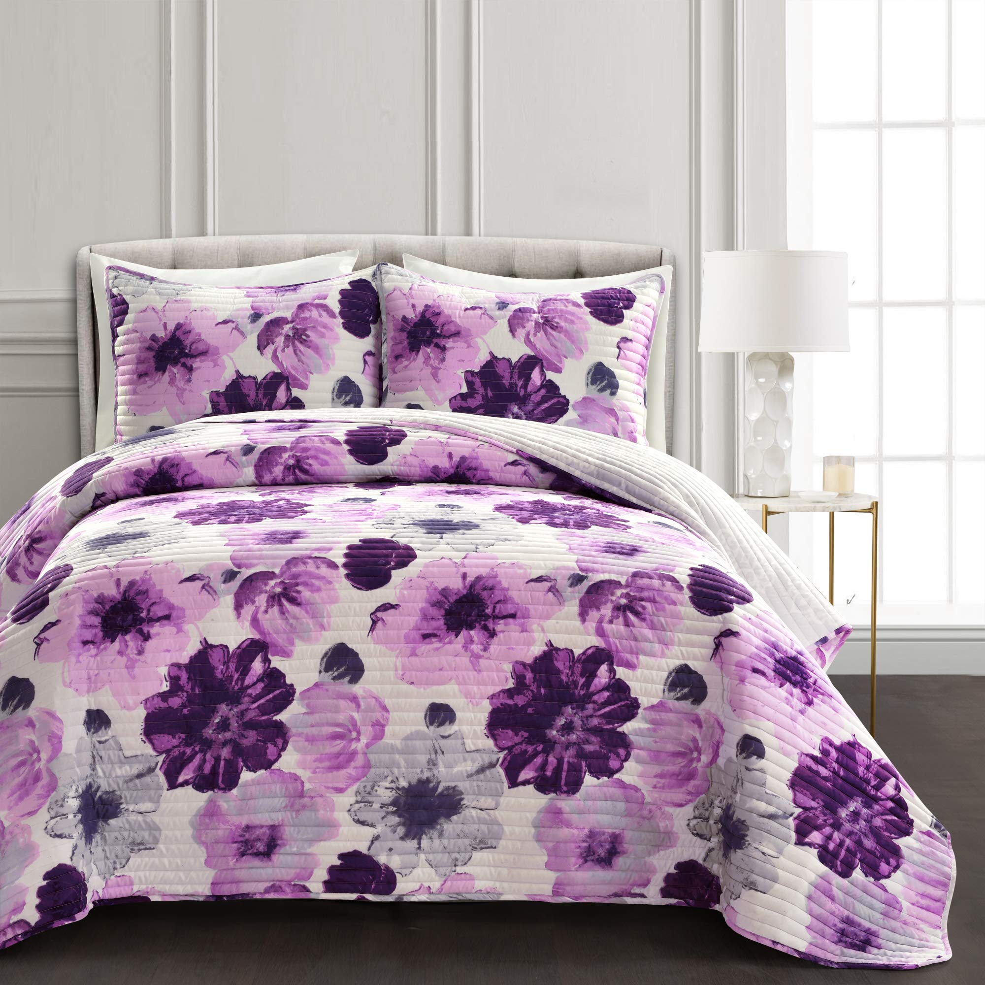 Lush Decor Leah Reversible Floral Quilt Set, 3 Piece Set, Full/ Queen, Gray & Purple - Watercolor Botanical - Cottage Core - French Country Decor- Bedding Queen Size Image Lush Decor Leah Reversible Floral Quilt Set, 3 Piece Set, Full/ Queen, Gray & Purple - Watercolor Botanical - Cottage Core - French Country Decor- Bedding Queen Size Image