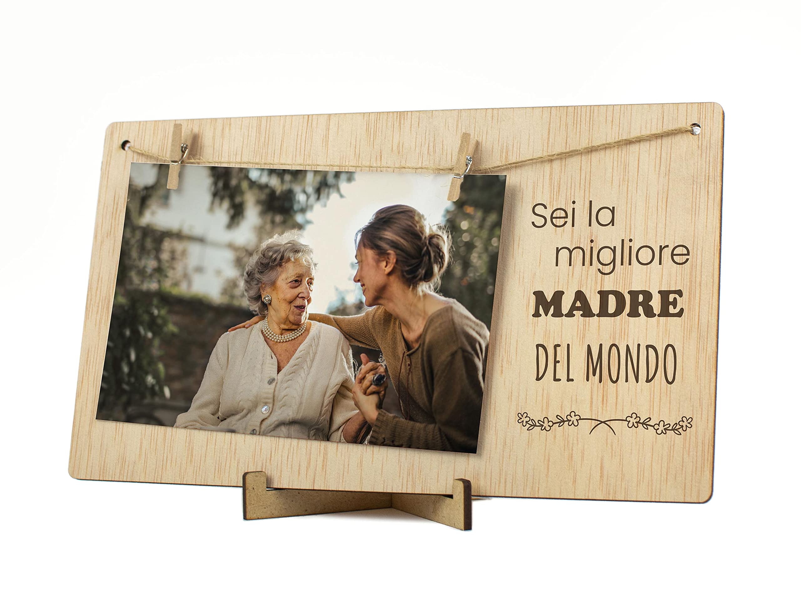 CONTRAXT Portafoto con mollette legno Mamma. Regalo dettaglio sorpresa Cornice Portafoto biglietto di auguri Festa della mamma migliore ti amo madre porta foto mollette polaroid Photo (Mamma IT)