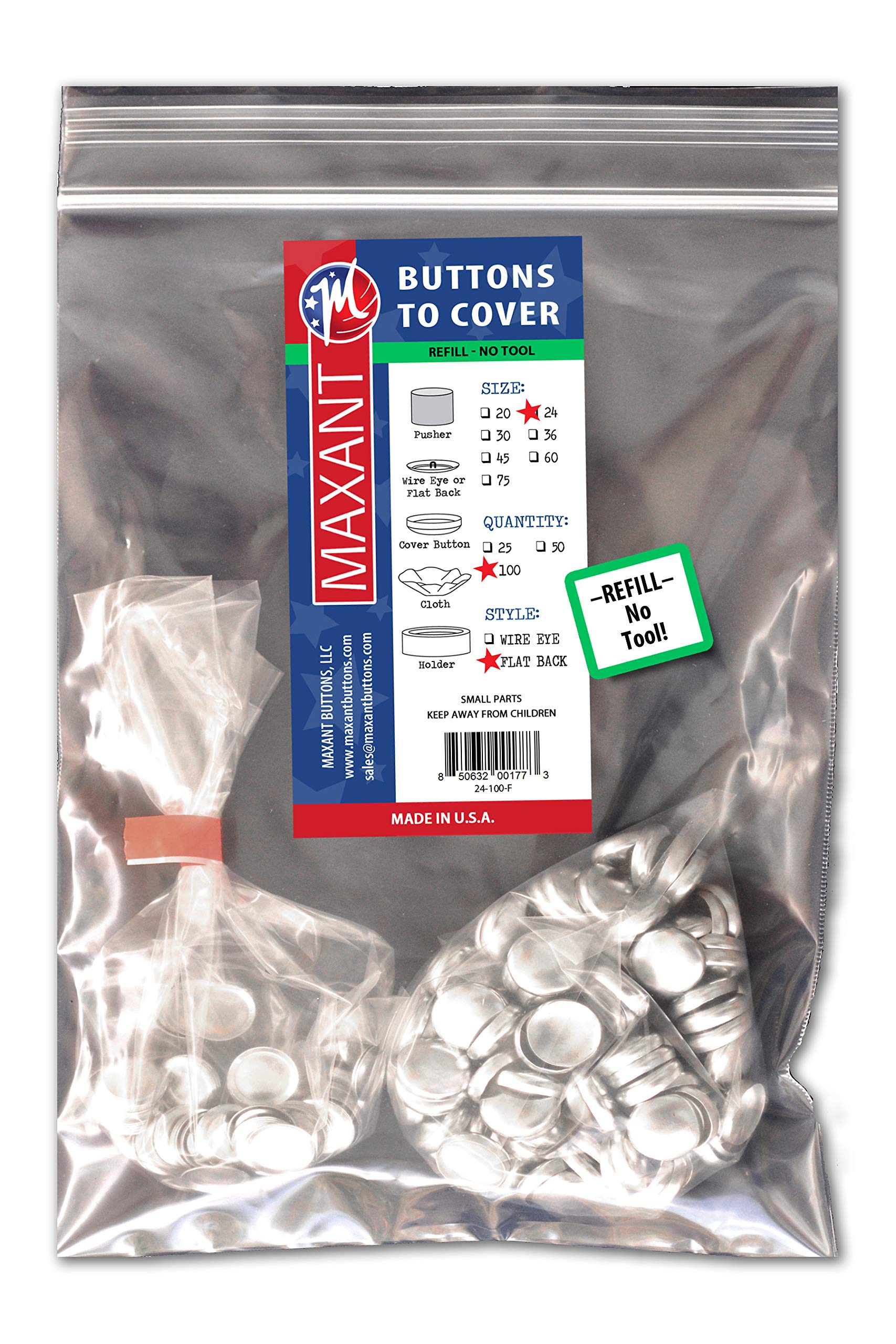 Maxant Buttons 100 Buttons to Cover - Made in USA - Self Cover Buttons with flat backs - size 24
