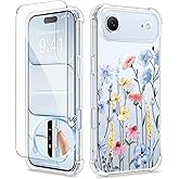 GVIEWIN for iPhone Air Case with Screen Protector, Upgraded [Full Camera Protection] [Non Yellowing] Floral Slim Shockproof Clear Women Phone Cover for iPhone 17 Air 6.5" (Aconite/Light Blue)
