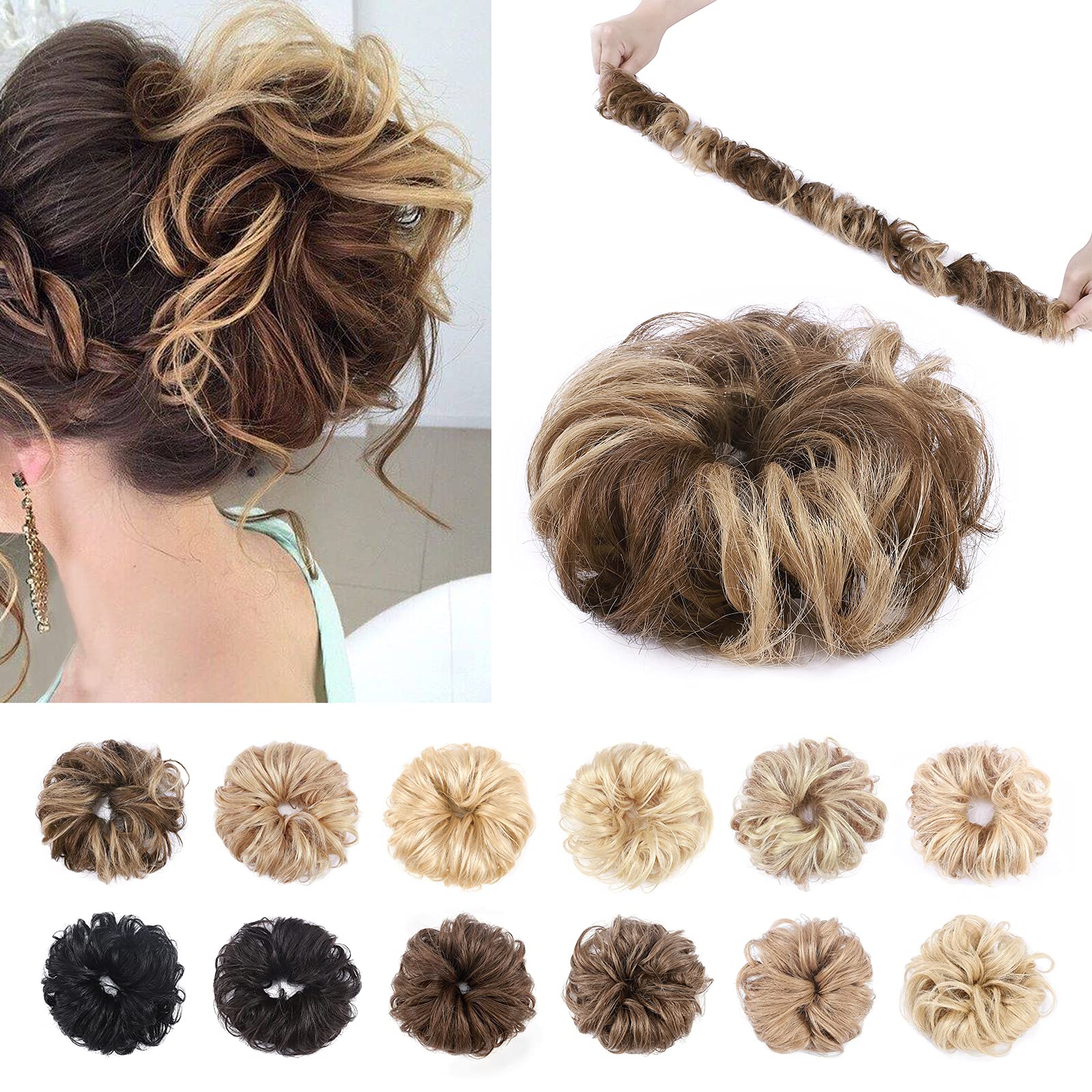 Silk-co Messy Remy Silky Soft Scrunchies Wrap Bun Extensions Real Human Hair Curly Wavy Pieces For Women Updo Ponytail #4P27 Medium Brown&Dark Blonde