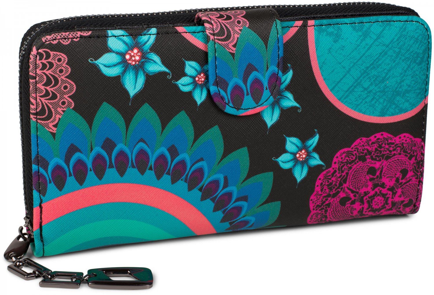 styleBREAKER Ladies Wallet with Colourful Floral Mandala Pattern, Ethno Style, Zip, Purse 02040040, Colour:Black-Turquoise-Blue