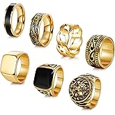 AFSITNIG 7Pcs Stainless Steel Vintage Signet Rings for Men Square Signet Rings Cuban Link Chain Ring Pinky Thumb Celtic Band Spinner Ring Silver Gold Polished Edge Mens Ring Biker Rings Set,Size 8-13