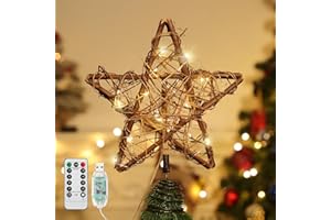Lewondr Christmas Tree Topper Star, Vintage Rattan String Wood Star Christmas Tree Topper with LED Beads, USB Powered Remote 