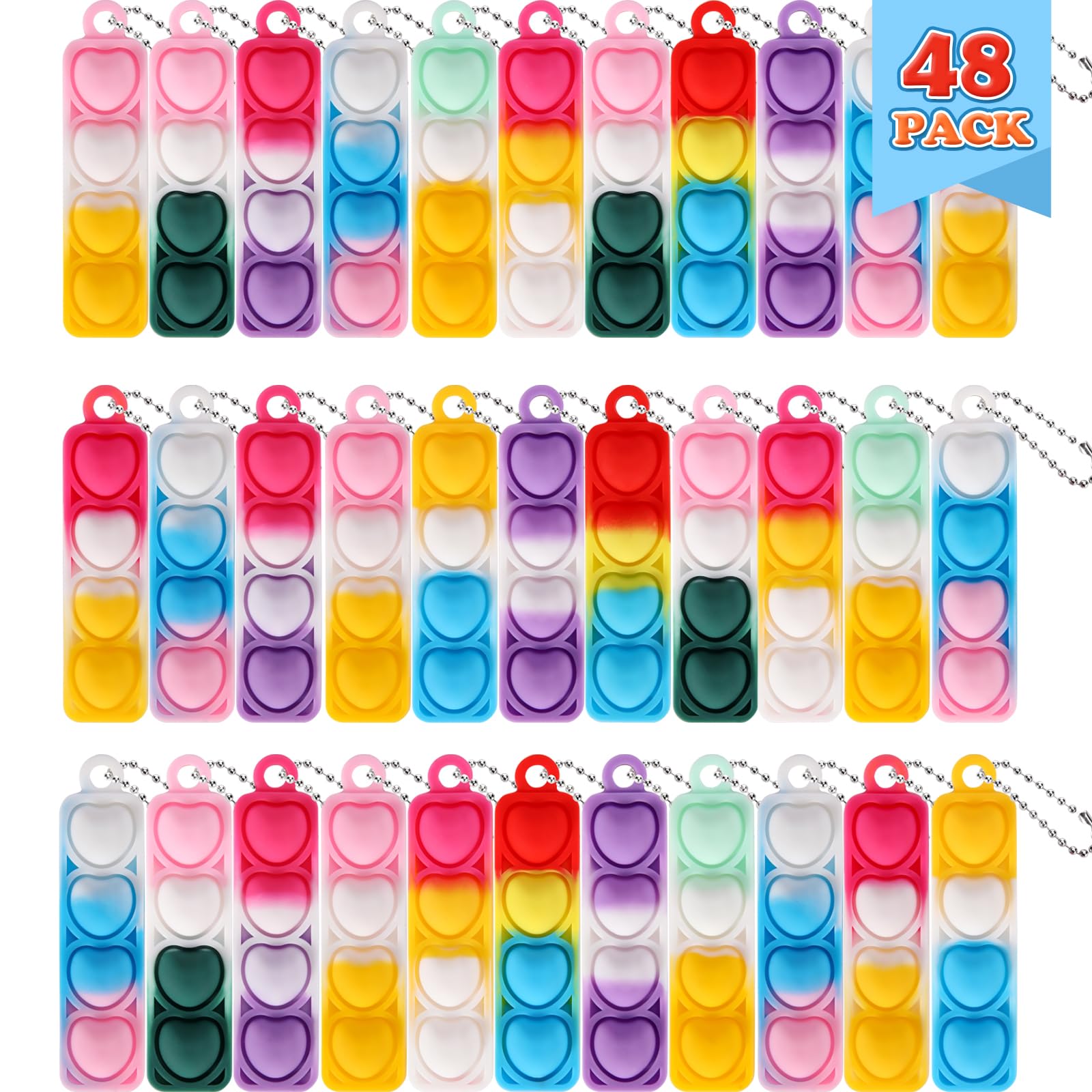 48 PCS Mini Pop Fidget it Keyrings for Kids, Valentines Heart Silicone Pop Fidget Keychain Toys Bulk, Party Favours, Push Poping Bubble Sensory Toy Stress Reliever Anti-Anxiety