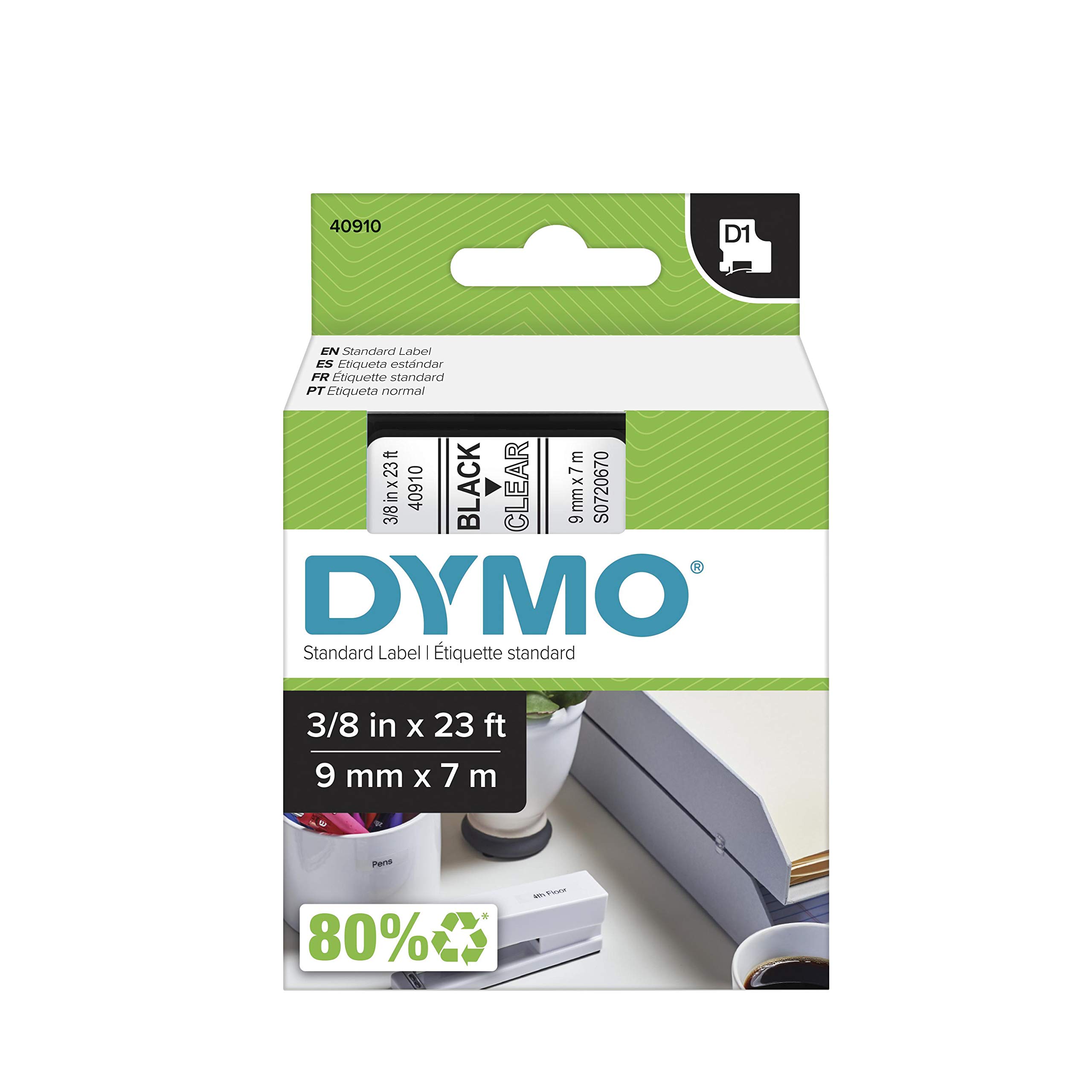 Dymo 40910 9mm x 7m Black on Clear Tape