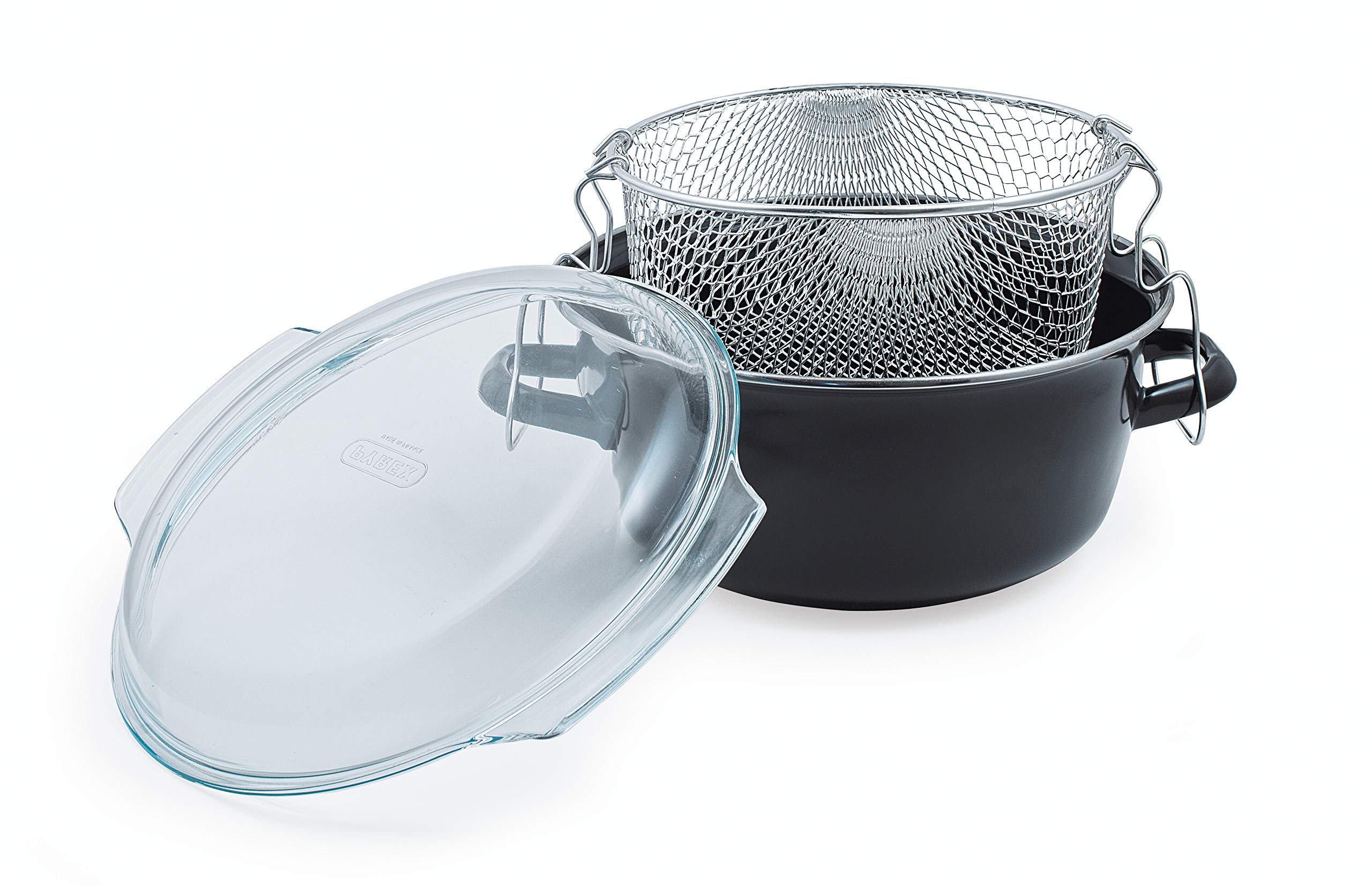 Cordon Green - 5L Deep Fryer Pot Chip Pan with Pyrex Lid and Basket - Black Enamel