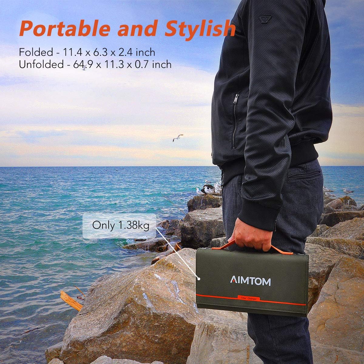 AIMTOM Portable Solar Charger – 60W Foldable Solar Panel with 5V USB and 18V DC for iPhone, Tablet, Laptop, Camera, Cell Phone, GPS and 5-18V Devices – Compatible with Solar Generators Power Stations: Electronics