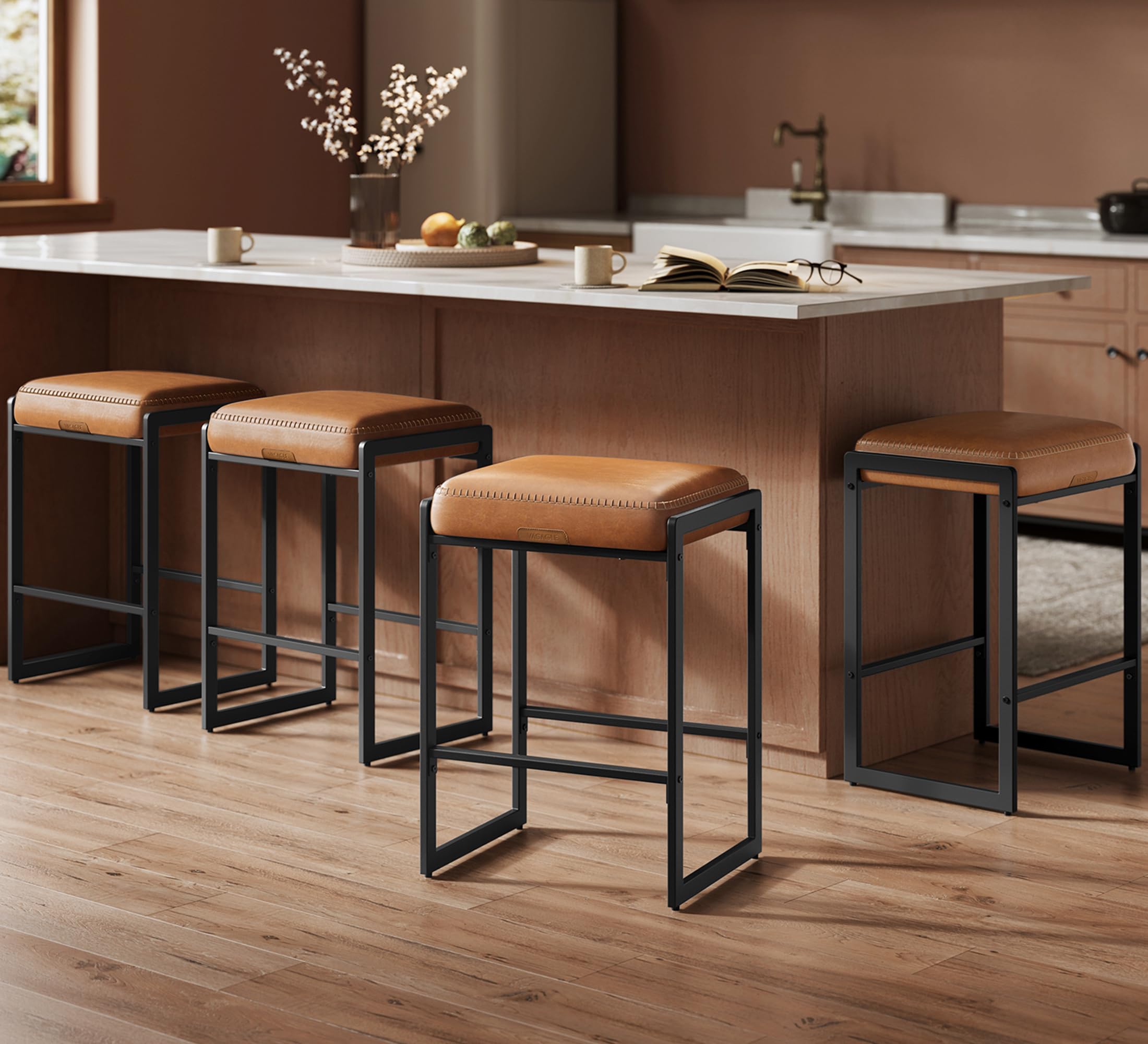 Photo 1 of VASAGLE EKHO Collection - Bar Stools Set of 4, Counter Height Bar Stools, Synthetic Leather with Stitching, Mid-Century Modern Counter Stools, 26-Inch Tall, Kichen Home Bar Dining Room, Caramel Brown
