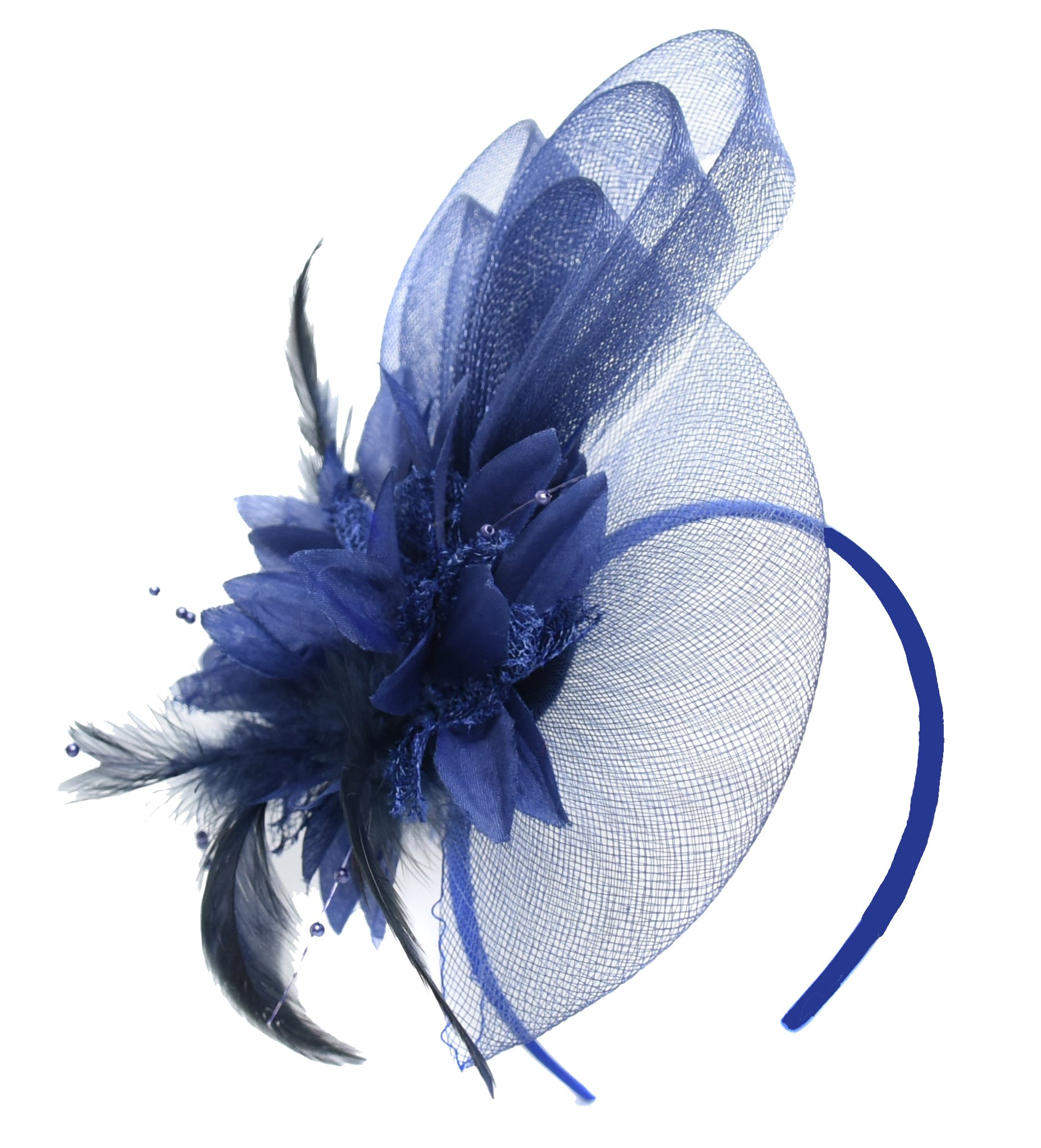 Caprilite Navy Blue Fascinator Headband Flower Wedding Ascot Races Net Hat Feathers