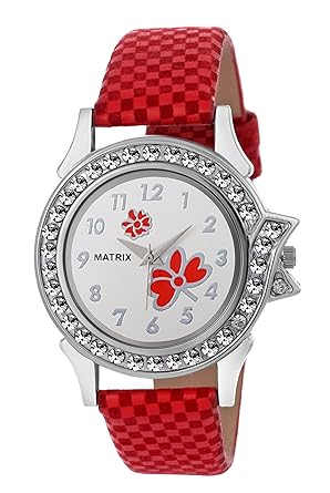 Matrix White Dial & Red Leather Strap Analog Watch with Stone Studded Work for Womens/Girls- (WN-15)