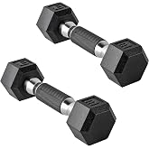CAP Rubber Coated Dumbbell Weights, Free Weights for Home Gym Strength Training, Anti-Roll Hex Dumbbells with Black, Chrome &amp; Comfort Grip Handles, Pairs &amp; Sets