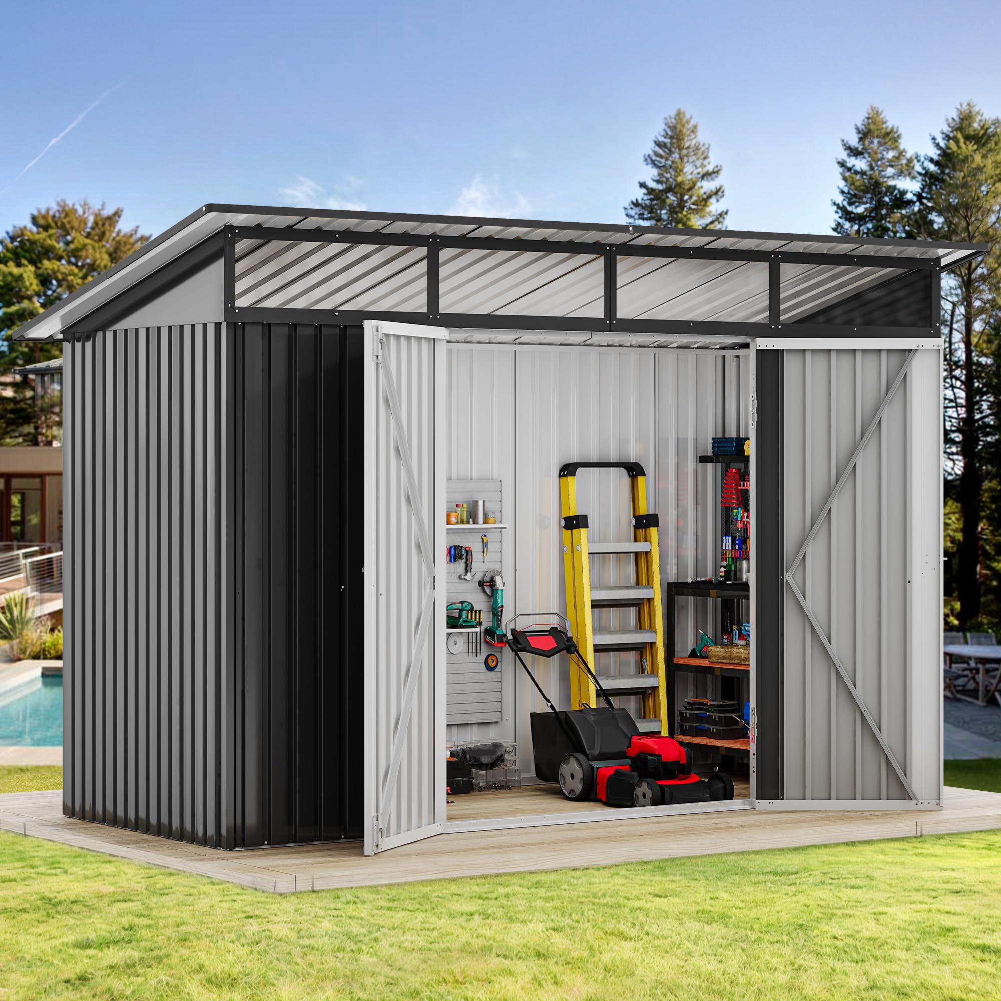 Photo 1 of ***PARTIAL SET SEE NOTES***
DWVO Storage Shed 9x4 FT for Bicycle, Functional Metal Tool Shelter Garden Storage Unit with Acrylic Windows, Secure Entry Lock, Water-Resistant Waste Enclosure for Outdoor Patio Garden(Dark Gray)