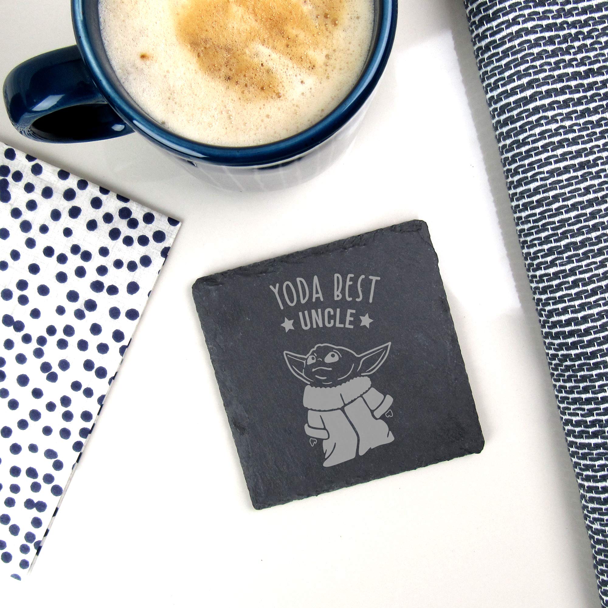 eBuyGB Personalised Square Slate Coaster, Engraved Baby Yoda Coaster, Star Wars Themed Drinks Mat, Funny Gifts from Niece & Nephew (Yoda Best Uncle)