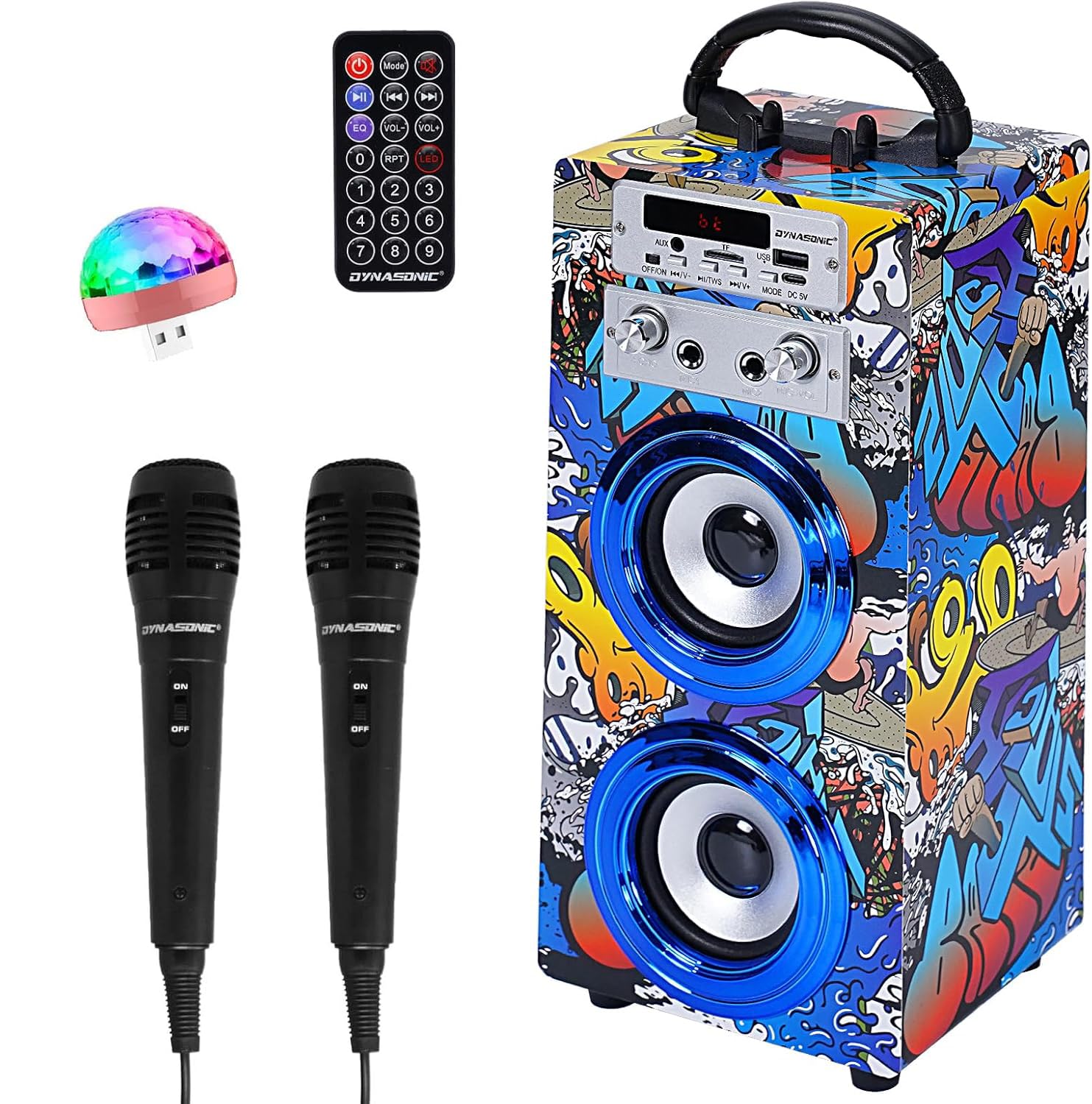 DYNASONIC Karaoke Machine with 2 Microphones, Portable Bluetooth Speaker with Lights, USB and SD Reader, Gift for Children Ages 5-13 (Model 16 lights)