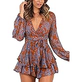 Relipop Womens Floral Print Romper V Neck Long Sleeve Double Layer Ruffle Hem Shorts Jumpsuit 2026 Beach Vacation Outfits