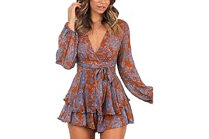 Relipop Womens Floral Print Romper V Neck Long Sleeve Double Layer Ruffle Hem Shorts Jumpsuit 2025 Beach Vacation Outfits