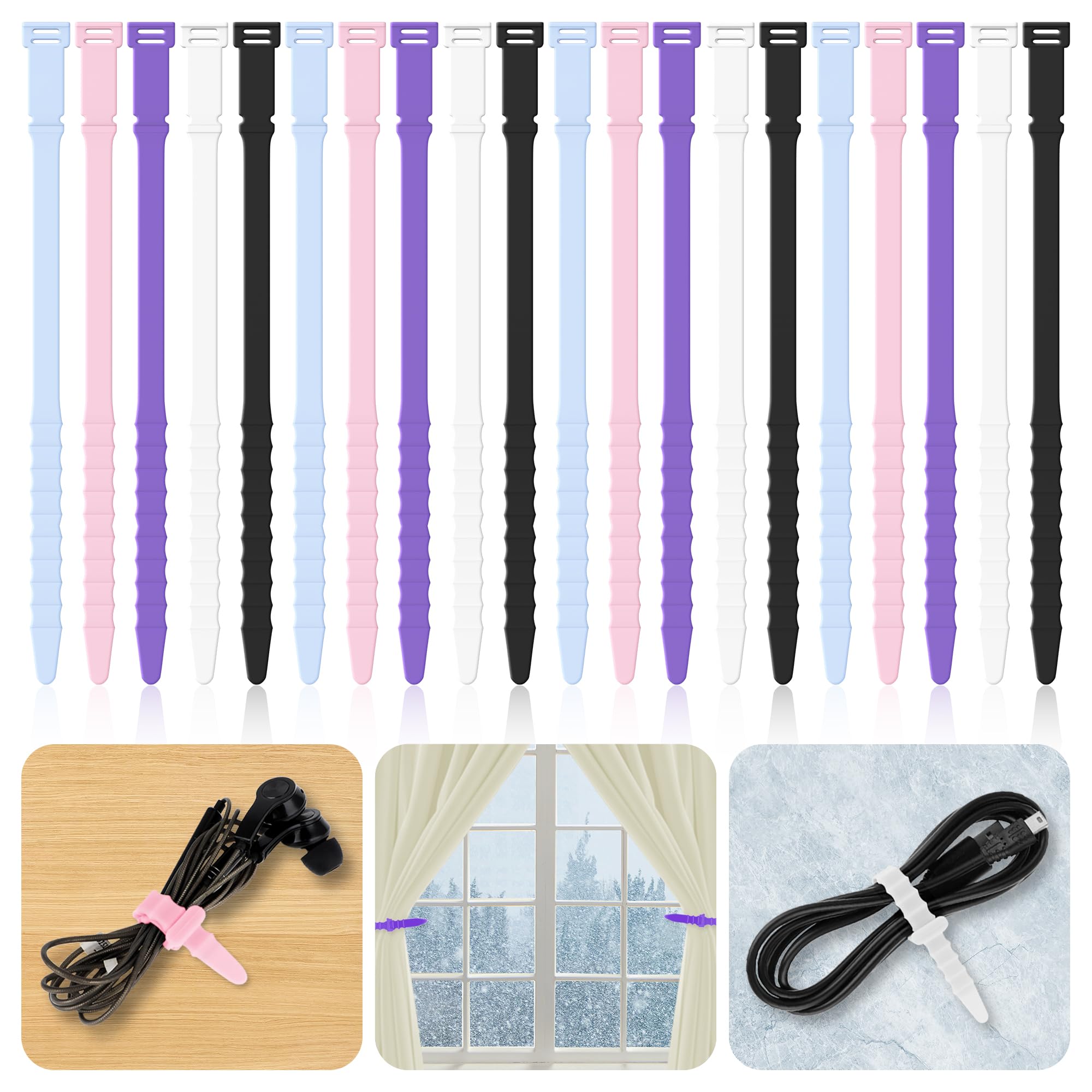 Reusable Cable Ties 7inch Silicone Cable Ties, 20pcs Reusable Zip Ties Elastic Silicone Cord Organizer Straps Ties for Charging Cables USB Cables Earphones Cable Audio(18cm, 20pcs, Cold-Color) — image 1