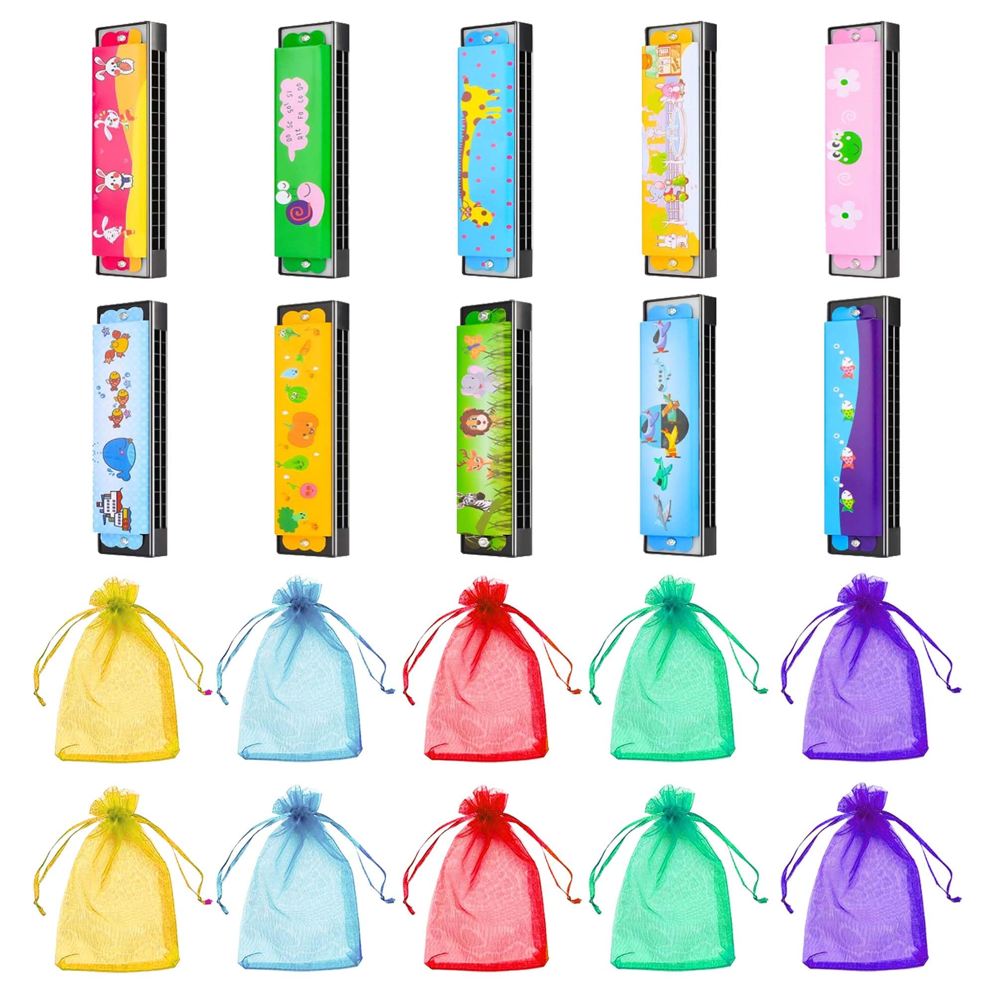 View 1 of 10 Sets Harmonica with Organza Gift Bags Music Party Favors 16 Holes Cartoon Harmonica Musical Instrument for Musical Party Gift Kid Musical Instrument Toys (Style 3)