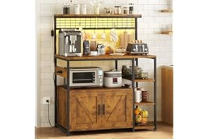 TVU Bakers Rack with Power Outlet and LED Light, Microwave Stand with Storage Cabinet, Coffee Bar Cabinet Station with 6 Hooks for Kitchen, Dining Room, Living Room, Coffee Bar, Rustic Brown, Black