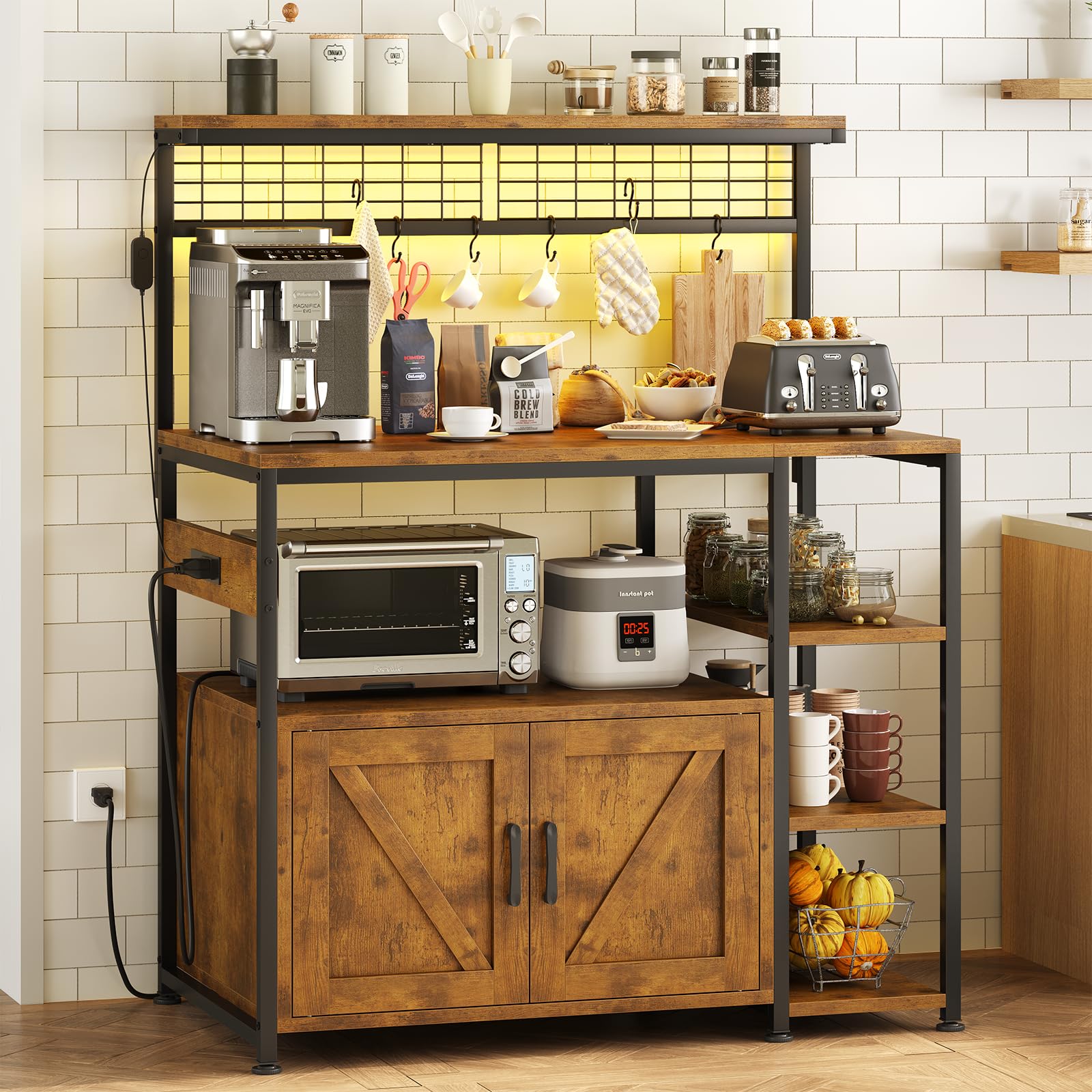 Photo 1 of ****STOCK PHOTO FOR REFERENCE ONLY***TVU Bakers Rack with Power Outlet and LED Light, Microwave Stand with Storage Cabinet, Coffee Bar Cabinet Station with 6 Hooks for Kitchen, Dining Room, Living Room, Coffee Bar, Rustic Brown,Black