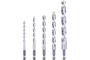 NordWolf 5-Piece HSS Brad Point Wood Drill Bit Set with 1/4" Hex Shank for Carpenter Woodworking, SAE Sizes 3/16"-1/4"-5/16"-3/8"-1/2"