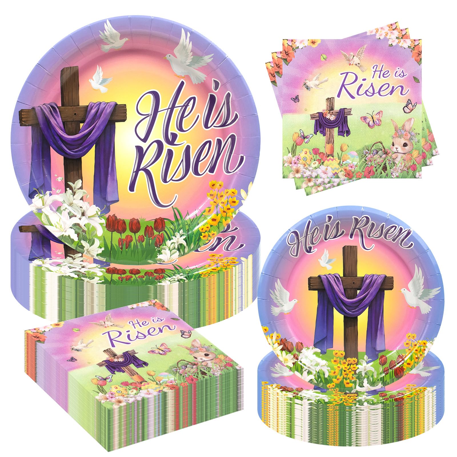 Osonm 180Pcs Easter He is Risen Paper Plates and Napkins Set,Disposable Jesus Cross Lily Floral Easter Party Decorations for Religion Christ Party,Serve 60 Guests