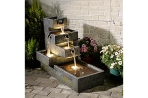 Tankana Water Fountain Outdoor Garden Waterfall Freestanding Cascade Tiered Fountains Water Feature with LED Lights for Patio Backyard Pool Home Decor, 32.5 inches Long, Gray