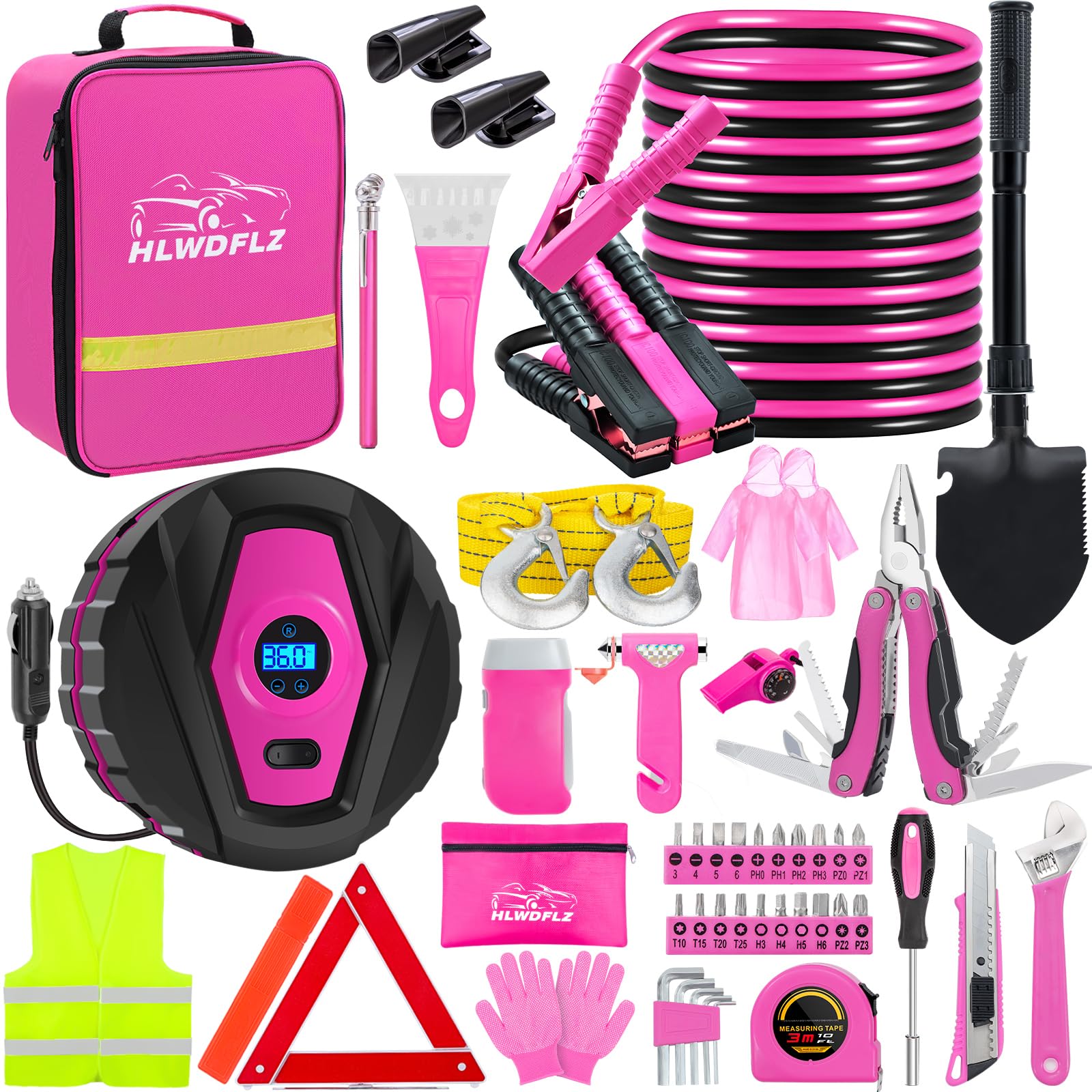 Photo 1 of HLWDFLZ Car Emergency Kit with Portable Air Compressor - Roadside Emergency Kit for Vehicles, Winter Car Safety Roadside Assist Kit, Emergency Car Kit for Teen Girl and Ladies M-75