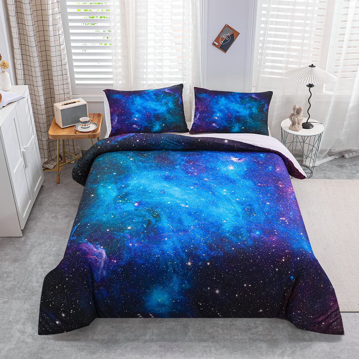 Loussiesd Galaxy Bedding Set King, Girls Boys Kids Teen Comforter Cover, Outer Space Duvet Cover Galaxy Stars in Space Celestial Astronomic Planets, Decorative Bedclothes Blue Purple
