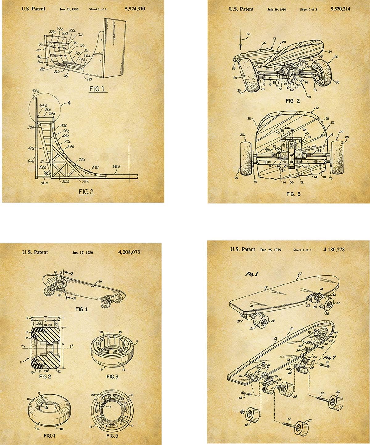 Skateboarding Patent Wall Art Prints - set of Four (8x10) Unframed - wall art decor for skateboarders