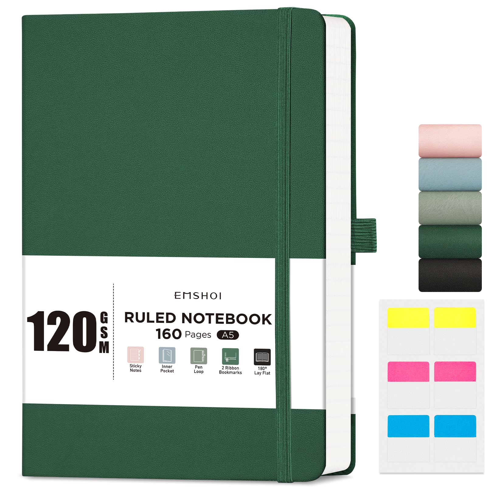 EMSHOI A5 Notebook Lined Journal - 120 GSM Paper Hardcover Notepad for Work, 160 Pages College Ruled Note Book, Leather Writing Journal for Women, Men, Work, School, 14.5 X 21 cm - Dark Green