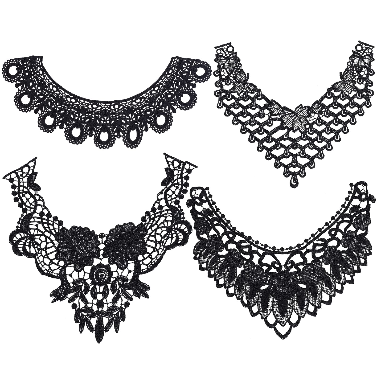 GORGECRAFT 4 Size 4PCS Neckline Applique Collar Patch Embroidered Floral Lace Fabric Trim Clothes Sewing Patch Edge Flower for Costume Sewing DIY Wedding Accessory(Black)