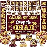 2026 Graduation Decorations - Maroon and Gold Graduation Decorations Set Congrats Grad Banner & Backdrop, Porch Sign, Hanging Swirls, Balloons, Honeycomb Centerpieces for Congrats Grad Party Decorations