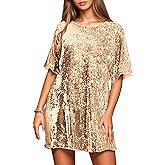 YISENRIY Women's Crew Neck Sequin Dress for Women Sexy V Neck Shirt Dress Sparkly Half Sleeve Loose Party Club Cocktail Dress