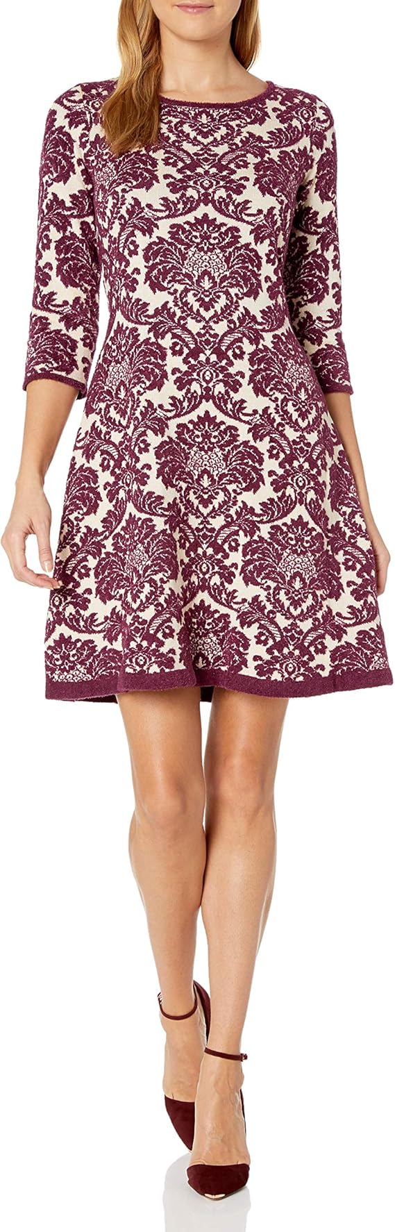 GABBY SKYE Women's 3/4 Sleeve Scoop Neck Furry A-Line Sweater Dress, Sand/Burgundy, Large 