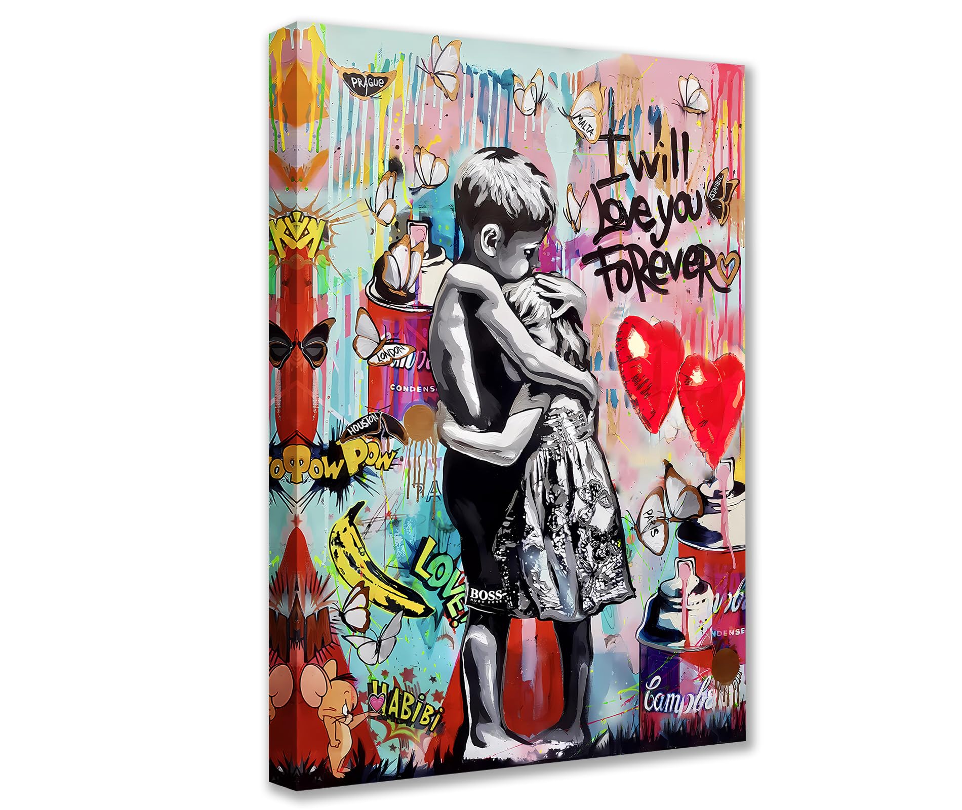 Banksy Street Graffiti Art Work for Home Walls Abstract Colorful Paintings 1 Panel Canvas Pop Art Modern Home Decor for Living Room, Framed & Stretched, 16x24inch