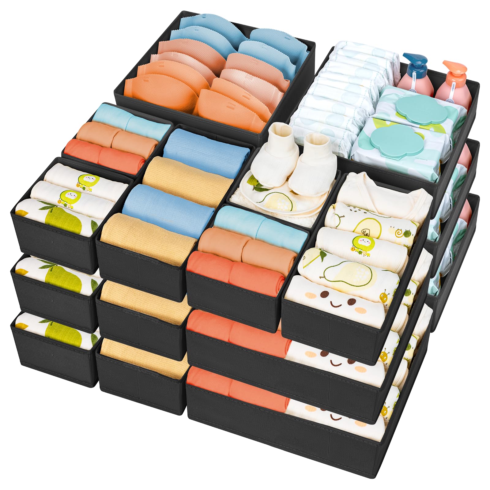 Photo 1 of DIMJ Drawer Organizer 15 Pack - Foldable Baby Organizers and Storage & Dresser Organizer for Nursery, Bedroom, Closet - Nursery Organization Dresser Dividers for underwear, Sock,Bra, Belt, Tie?Black