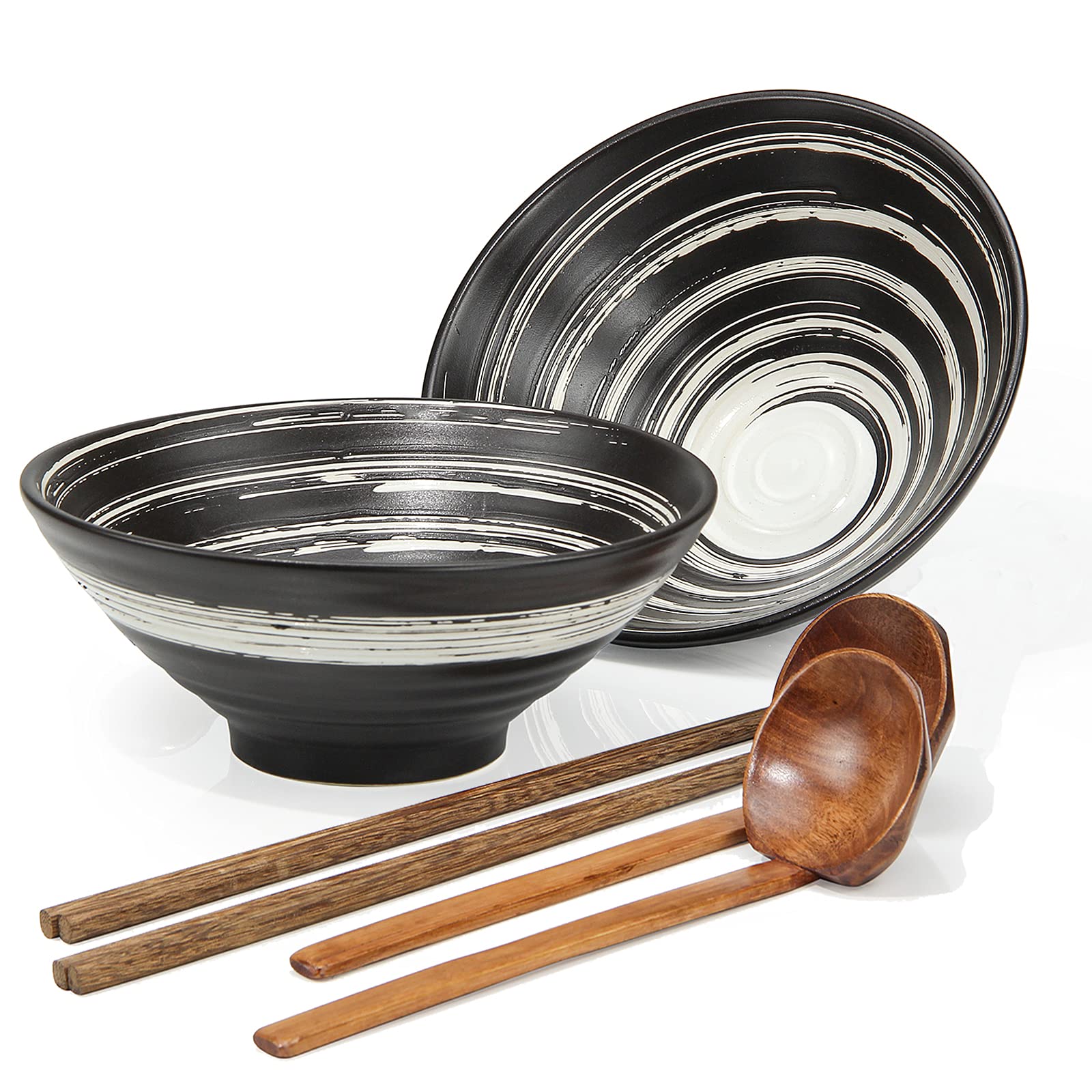 2 Set Tableware Ramen Bowl Ceramic - Porcelain Noodles Bowls Dinner Sets for Pasta Soup Pho Mixing Salad Dishes Snack Cereal Food with Spoons Chopsticks Kit 1000 Ml for New Home House Warming Gifts
