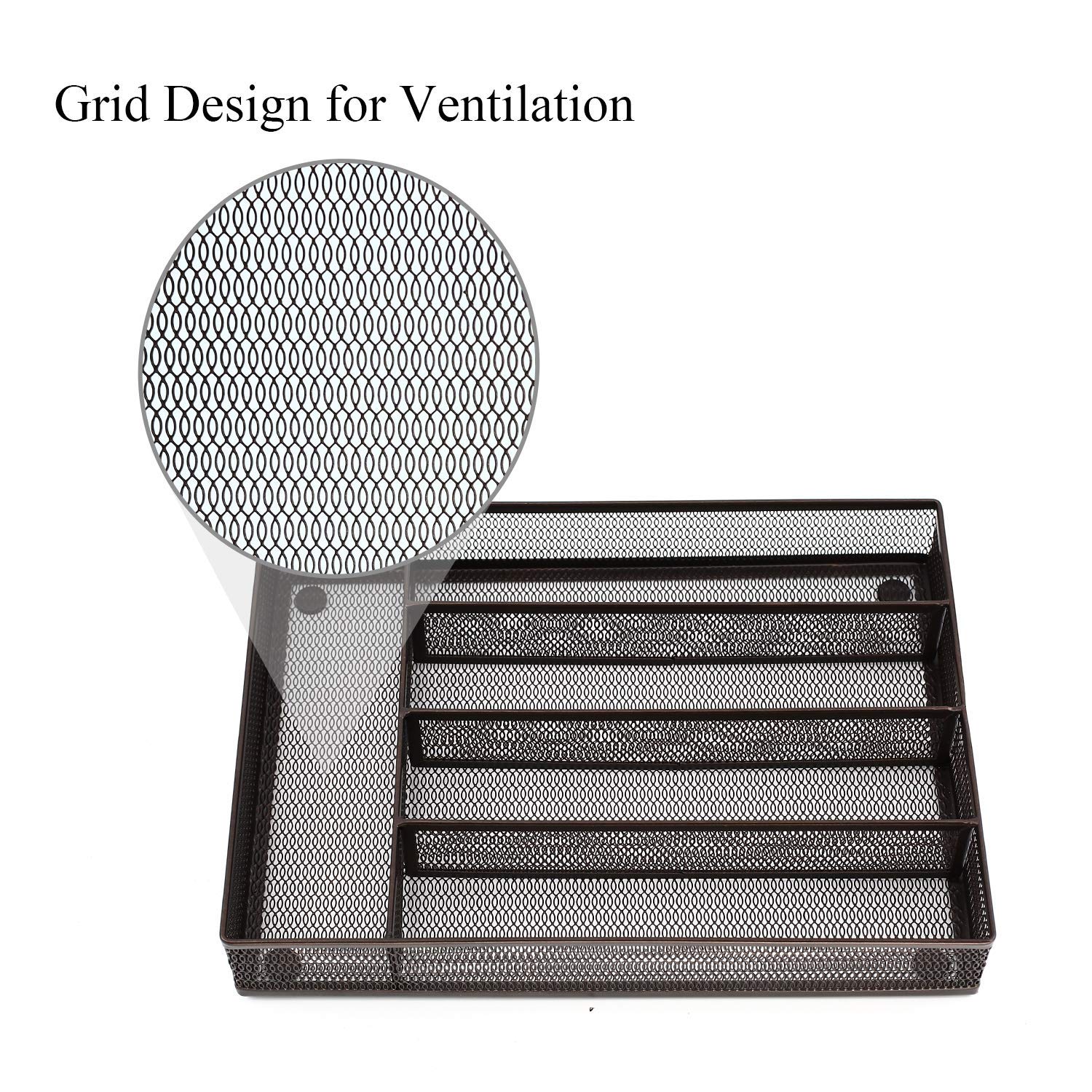 QZDJG Flatware Tray Utensil Drawer Organizer Kitchen Utensil Cutlery Tray Mesh Designing with Foam Feet Multi Compartments Keep Desk Drawer and Office Supplies Well Organized (Brown)