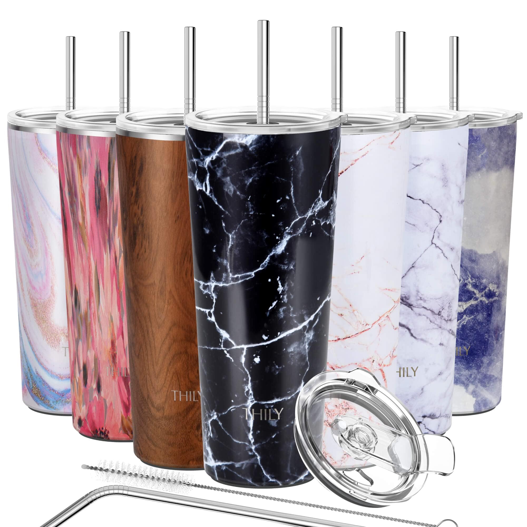 THILY Stainless Steel Vacuum Insulated Tumbler Travel Mug 26 oz Coffee Cup with 2 Lids and Straws, Splash Proof, Keep Ice Drinks Cold, Black Marble