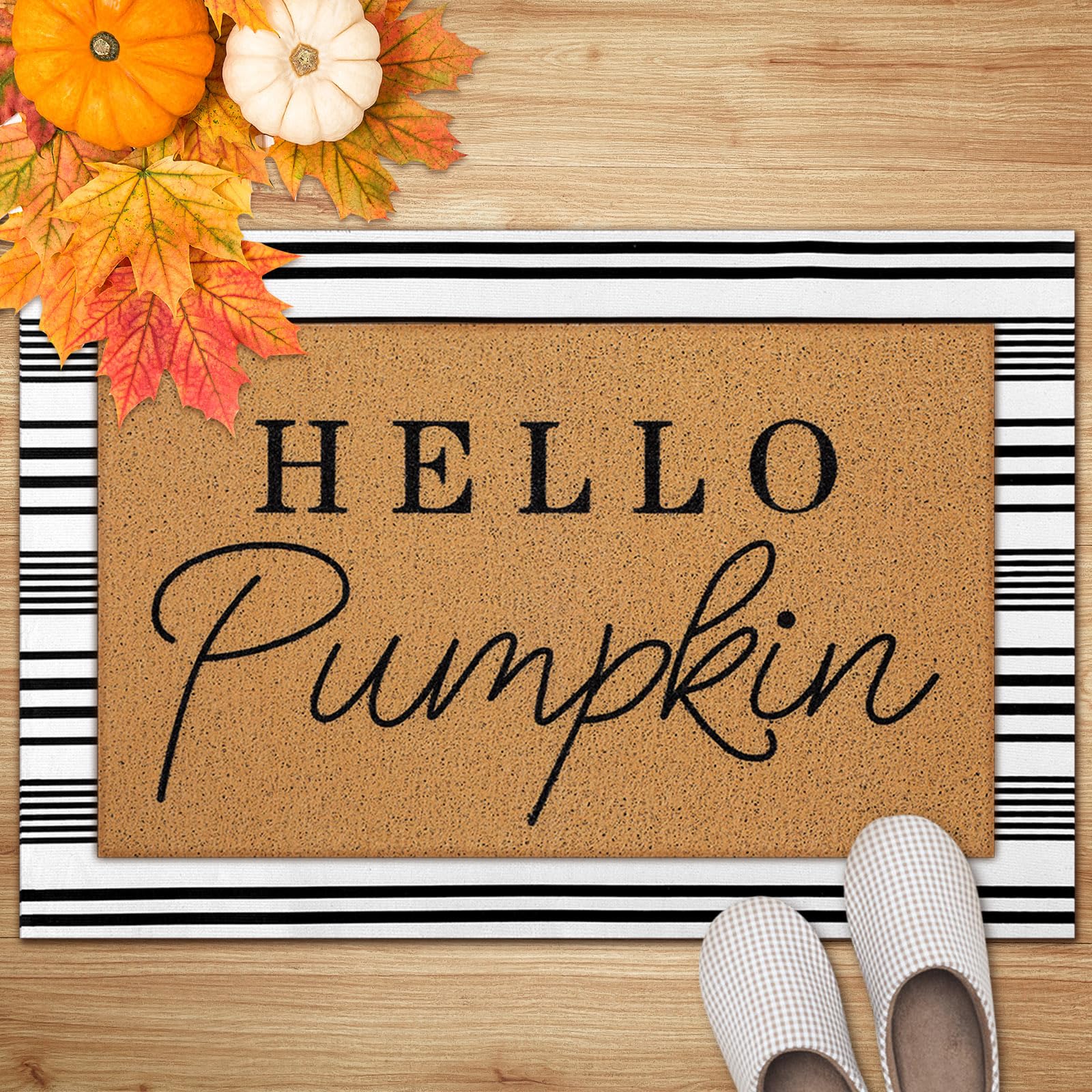 Photo 1 of Tinideya 2 Pcs Fall Door Mat Hello Pumpkin Welcome Non Slip Coir Mats Thanksgiving Black White Stripe Harvest Floor Layering Doormats Seasonal for Front Porch Entryway Decor(Hello Pumpkin)