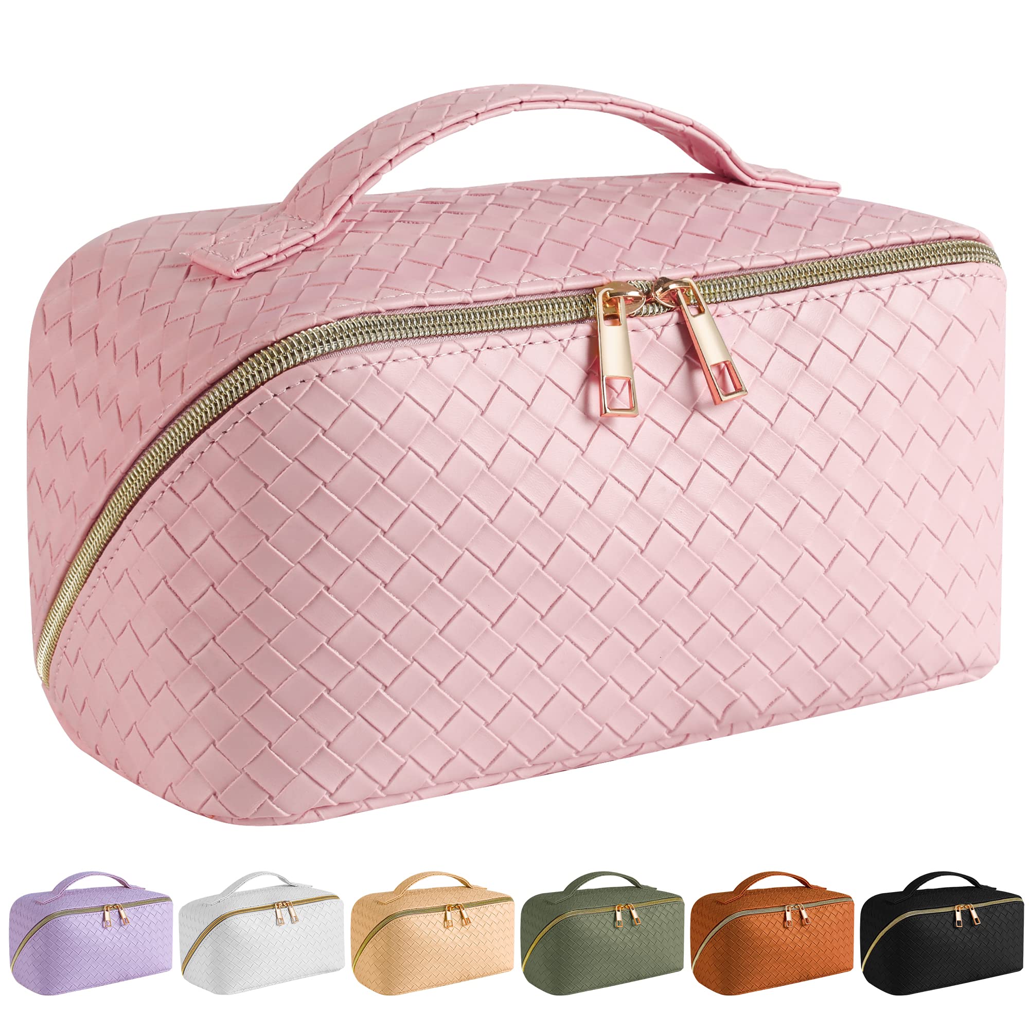 SFXULIX Large Capacity Travel Cosmetic Bag - Makeup Bag, PU Leather Waterproof Cosmetic Bag, Women Portable Travel Makeup Bag with Handle and Divider Flat Lay Makeup Organizer Bag, Pink