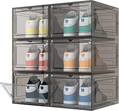 HOMIDEC 6 Pcs Shoe Boxes Clear Plastic Stackable with Lids 34.5x27x19 cm
